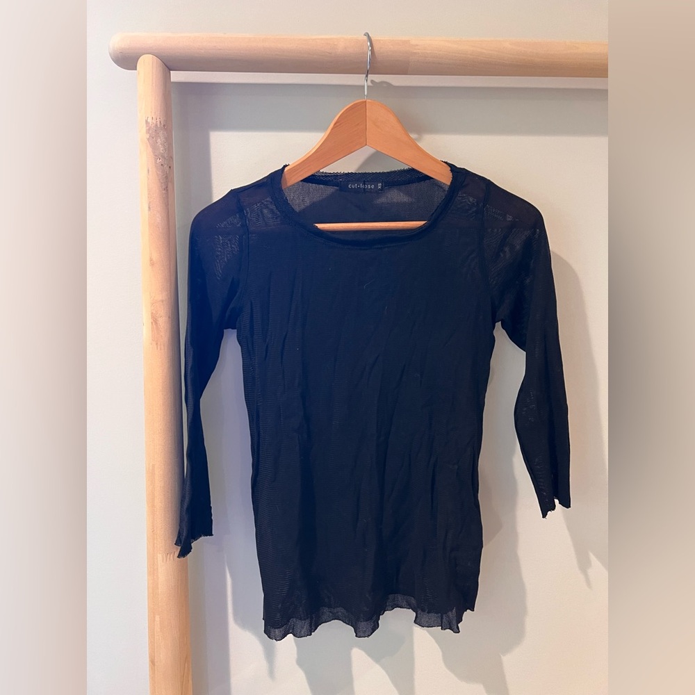 Cut Loose black crew neck sheer mesh 3/4 length sleeve tee shirt sz x small